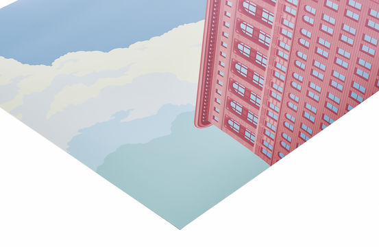 Corner of graphic poster of red building contrasting with blue sky