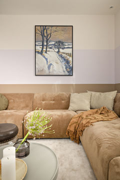 schilderij van winters landschap met bruine en blauwe tinten