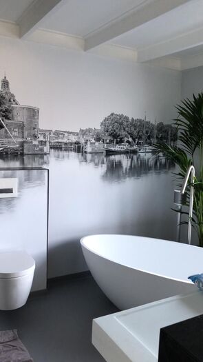 Moderne badkamer met vrijstaand bad, grote zwart-wit fotowand van waterfront en palmplant.