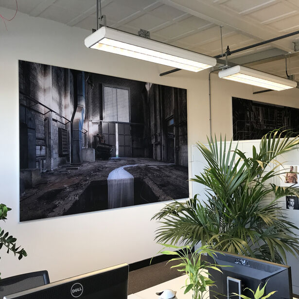 Kantoorruimte met groot zwart-wit industrieel fotobehang en groene planten