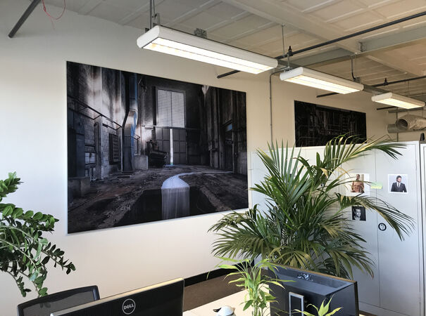 Kantoorruimte met groot zwart-wit industrieel fotobehang en groene planten