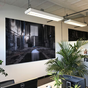 Kantoorruimte met groot zwart-wit industrieel fotobehang en groene planten