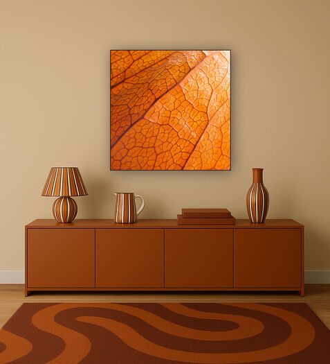 Retro interieur met macrofoto van oranje herfstblad boven houten dressoir met gestreepte lamp