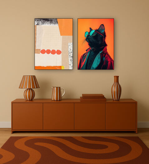 Minimalistisch interieur met abstract en kat-kunstwerk in oranje tinten boven houten dressoir