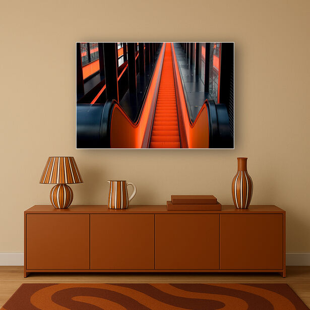 Moderne woonkamer met oranje escalator-kunstwerk boven retro dressoir met gestreepte accessoires