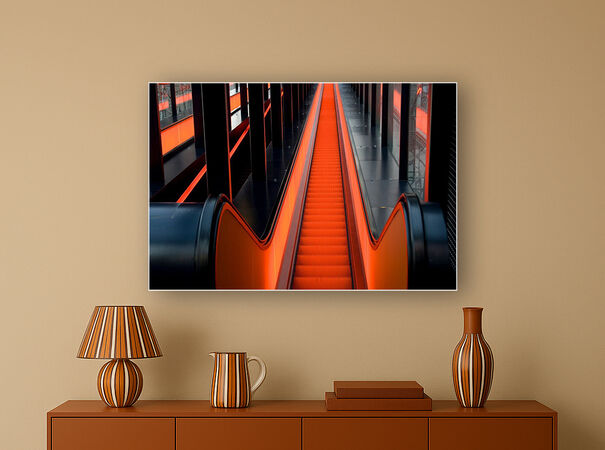 Moderne woonkamer met oranje escalator-kunstwerk boven retro dressoir met gestreepte accessoires