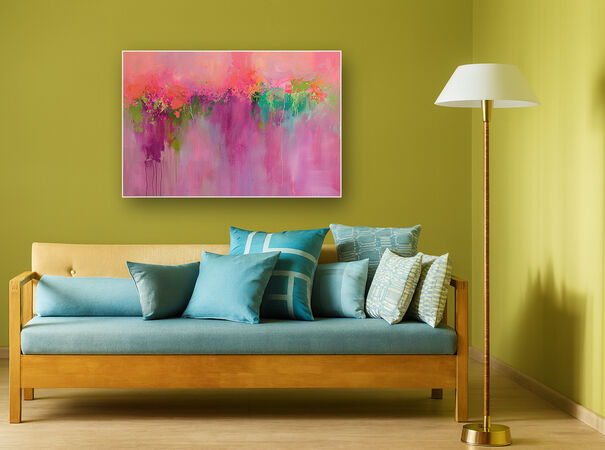 Houten bank met blauwe kussens tegen gele muur met abstract roze schilderij