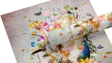 Two posters of a bouquet of flowers with a peacock