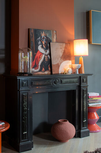 Hond in koninklijk kostuum op schilderij boven zwarte schouw met oranje muur